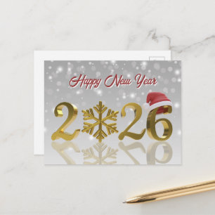 Cartão Postal De Festividades Feliz Ano Novo Dourado 2026 Chapéu de Papai Noel