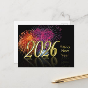 Cartão Postal De Festividades Feliz Ano Novo Dourado 2026 Fogos de Artifício