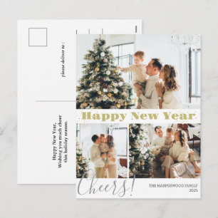 Cartão Postal De Festividades Feliz ano novo Elegante Simples Três Fotos
