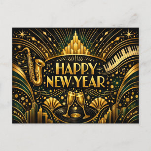 Cartão Postal De Festividades Feliz Ano Novo em Jazz Art Déco Dourado