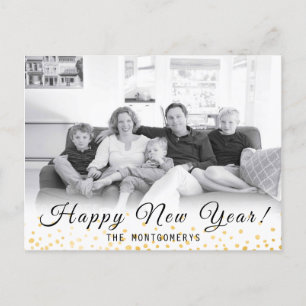 Cartão Postal De Festividades Feliz Ano Novo Foto Confetes Dourados 2024