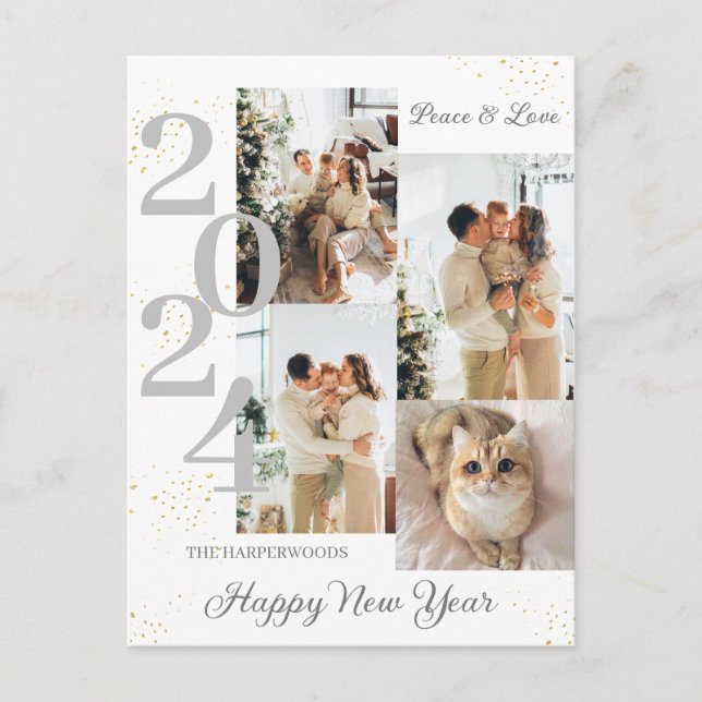 Cartão Postal De Festividades Feliz ano novo Moderno Elegante 4 multifotografia  (Frente)