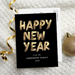 Cartão Postal De Festividades Feliz Ano Novo Moderno Preto e Dourado Não-Fotográ