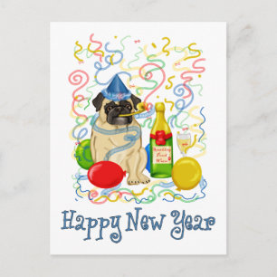Cartão Postal De Festividades Feliz ano novo Pug