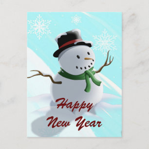 Cartão Postal De Festividades Feliz ano novo Snowman e Snowflakes