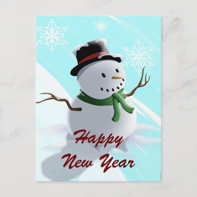 Cartão Postal De Festividades Feliz ano novo Snowman e Snowflakes (Frente)