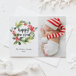 Cartão Postal De Festividades Feliz ano novo Watercolor Holly Wreath 2025