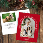 Cartão Postal De Festividades Feliz De Fotografias De Arch Elegante E Natal Verm<br><div class="desc">Cartaz de Natal vermelho moderno com sua foto em um quadro de arco cercado por "Que Seus Dias Sejam Felizes e Brilhantes" em tipografia branca elegante e seu nome em uma tipografia branca simples. No verso,  adicione uma foto adicional e personalize seu cartões de natal.</div>