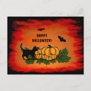 Cartão Postal De Festividades Feliz Dia das Bruxas, Gato Negro, Bat e Abóbora