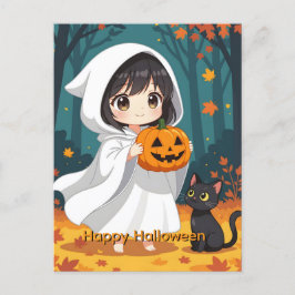 Cartão Postal De Festividades Feliz Dia das Bruxas Menina Fantasma e Gato Negro