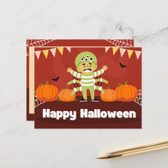 Cartão Postal De Festividades Feliz Dia das Bruxas Vermelho e Laranja (Frente/Verso In Situ)