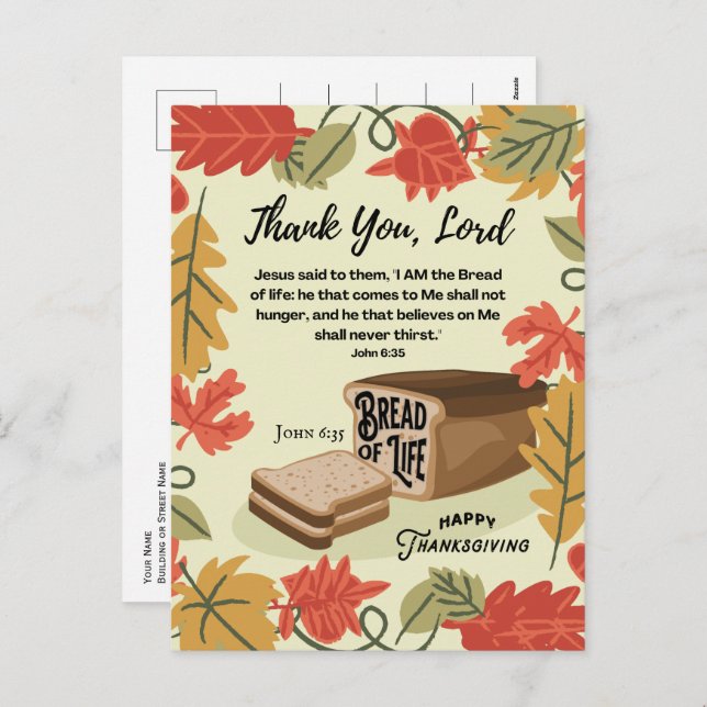 Cartão Postal De Festividades Feliz Dia de Ação de Graças PÃO de Vida (Frente/Verso)