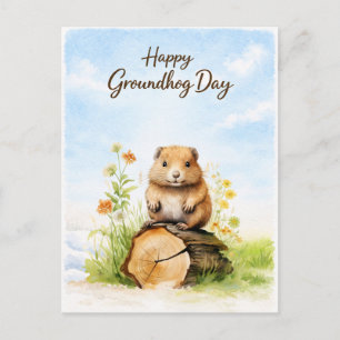 Cartão Postal De Festividades Feliz Dia do Groundhog Aquarela Saudação