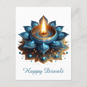 Cartão Postal De Festividades Feliz Diwali Blue Diya Festival de Luz