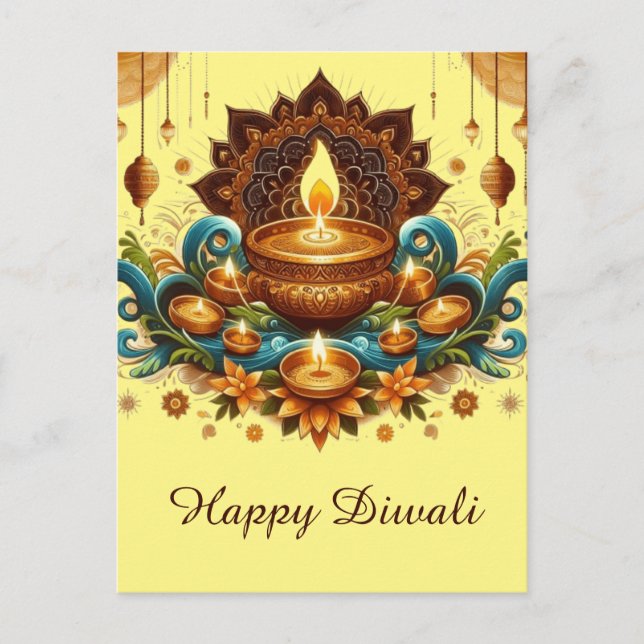 Cartão Postal De Festividades Feliz Diwali Dourado Diya Festival de Azul Claro (Frente)