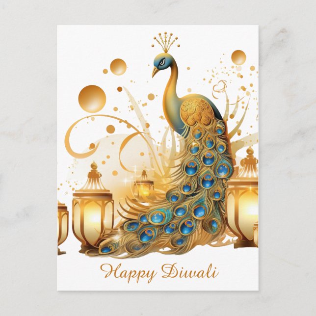 Cartão Postal De Festividades Feliz Diwali Peacock Lanterna Festival de Luz (Frente)