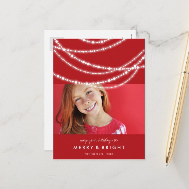 Cartão Postal De Festividades Feliz e Brilho Foto de Natal Vermelho Chic (Frente/Verso In Situ)
