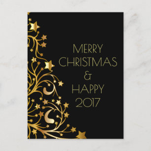 Cartão Postal De Festividades Feliz Feliz ano novo de Natal Dourado Stars Black
