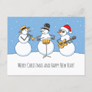 Cartão Postal De Festividades Feliz Feliz ano novo de Natal Snowman Jazzband