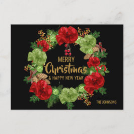 Cartão Postal De Festividades Feliz Feliz ano novo de Natal Wreath Black Dourado