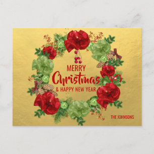 Cartão Postal De Festividades Feliz Feliz ano novo de Natal Wreath Red Dourado