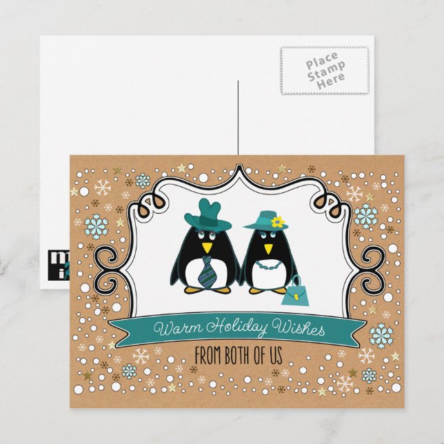 Cartão Postal De Festividades Feliz Feriado. Casal de pinguim divertido (Frente/Verso)