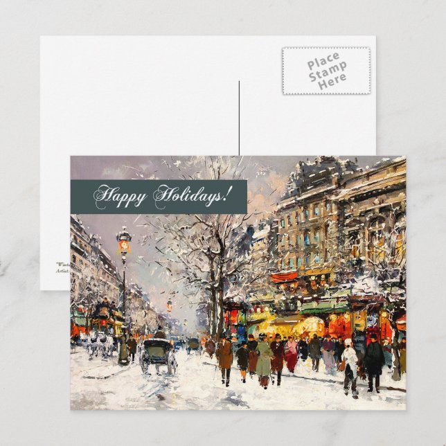 Cartão Postal De Festividades Feliz Férias. Cena Parisiense de inverno (Frente/Verso)