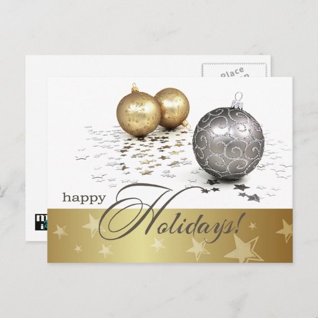 Cartão Postal De Festividades Feliz Férias. Dourado e Silver Baubles (Frente/Verso)