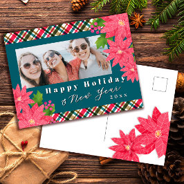 Cartão Postal De Festividades Feliz Férias Foto Poinsettia Ano Novo Azul