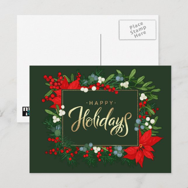Cartão Postal De Festividades Feliz Férias. Holly, Mistletoe e Poinsettia (Frente/Verso)