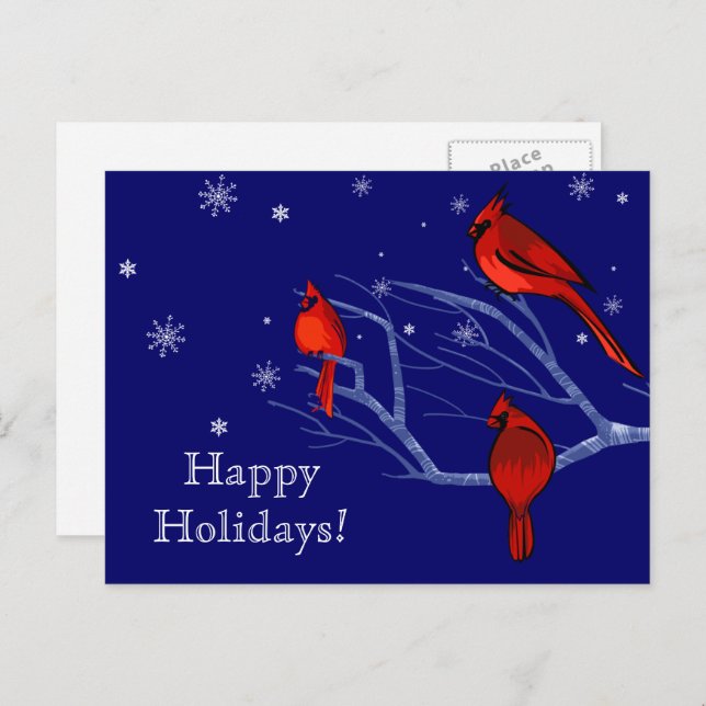 Cartão Postal De Festividades Feliz Férias. Natal dos Cardinhos Vermelhos (Frente/Verso)
