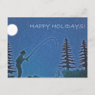 Cartão Postal De Festividades Feliz Férias! Pescador de Voo em Neve