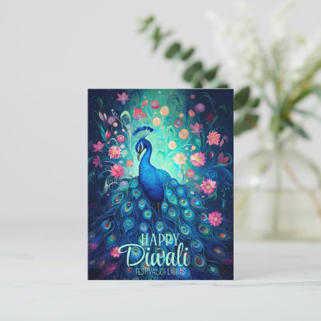 Cartão Postal De Festividades Feliz Festival Diwali de Luzes Peacock (Em pé/Frente)