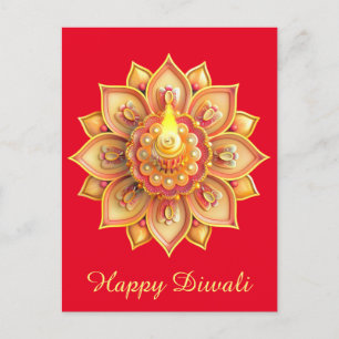 Cartão Postal De Festividades Feliz Festival Diwali Diya Dourado Vermelho Claro