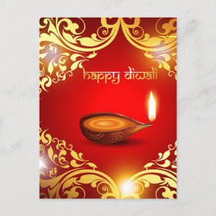 Cartão Postal De Festividades Feliz Festival Diwali Diya Dourado Vermelho Claro