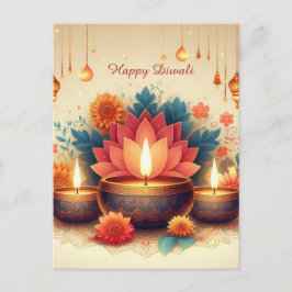 Cartão Postal De Festividades Feliz Festival Diwali Diya Lotus de Floral Claro