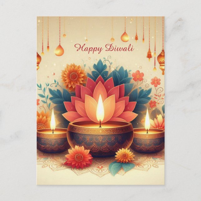 Cartão Postal De Festividades Feliz Festival Diwali Diya Lotus de Floral Claro (Frente)