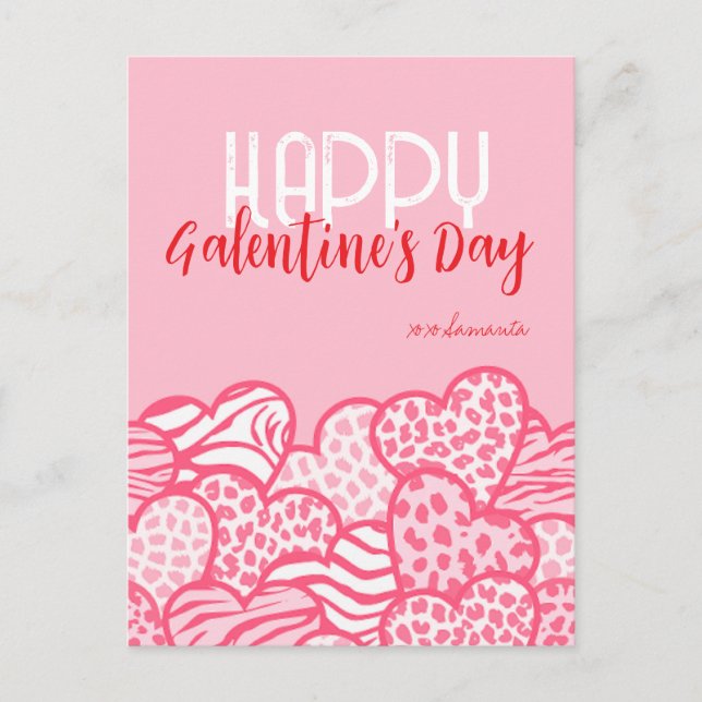 Cartão Postal De Festividades Feliz Galentine Blush Pink Animal Print Heart Name (Frente)