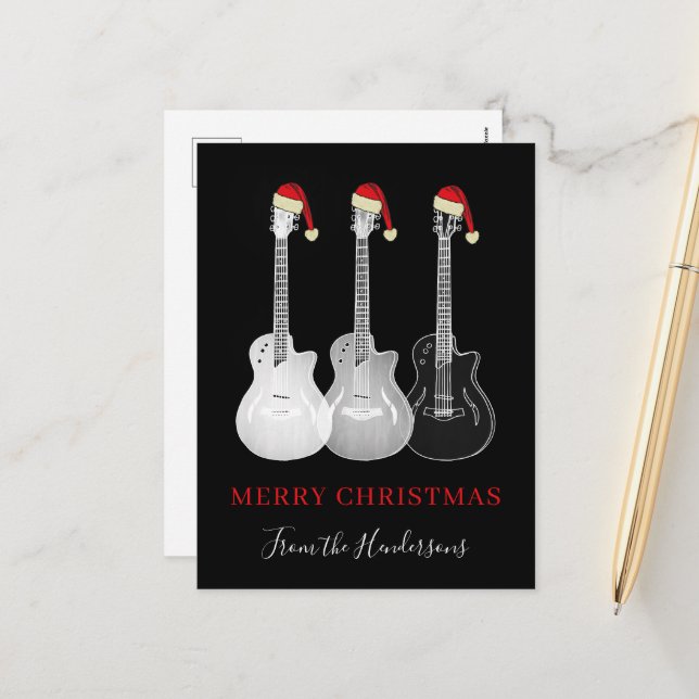 Cartão Postal De Festividades Feliz guitarra de Natal preto e branco (Frente/Verso In Situ)