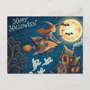 Cartão Postal De Festividades Feliz Halloween Bruxa Caprichosa na Vassoura