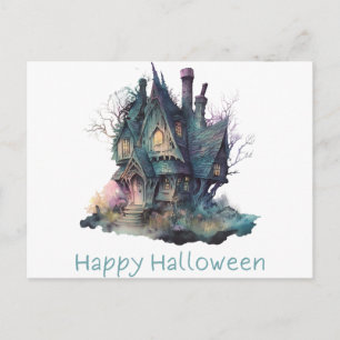 Cartão Postal De Festividades Feliz Halloween Casa Assombrada Verde Rosa Hallowe