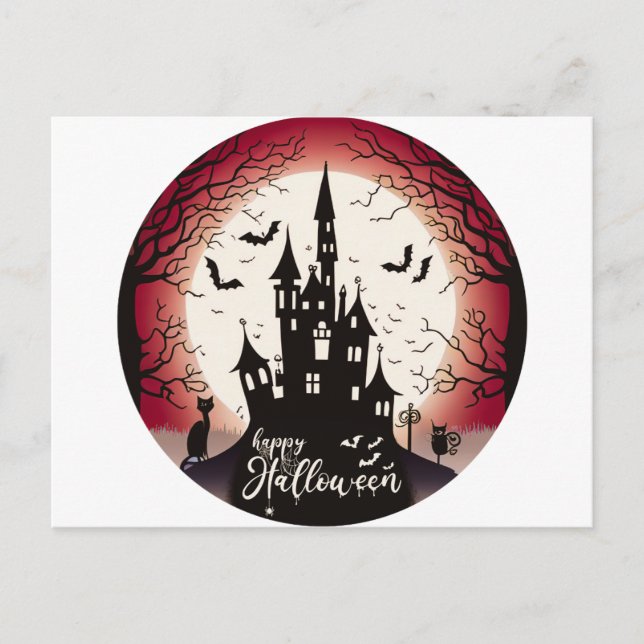 Cartão Postal De Festividades Feliz Halloween Castle Bats Black Cat Halloween (Frente)