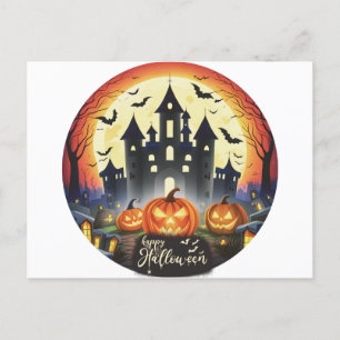 Cartão Postal De Festividades Feliz Halloween Castle Bats Pumpkins Halloween