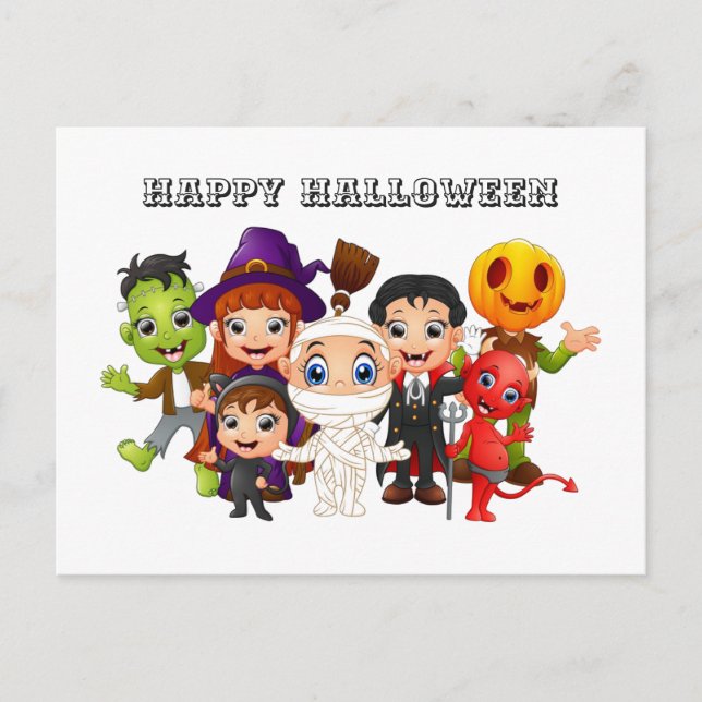 Cartão Postal De Festividades Feliz Halloween Crianças em fantasias (Frente)
