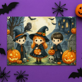 Cartão Postal De Festividades Feliz Halloween Cutes Crianças em Figurinos