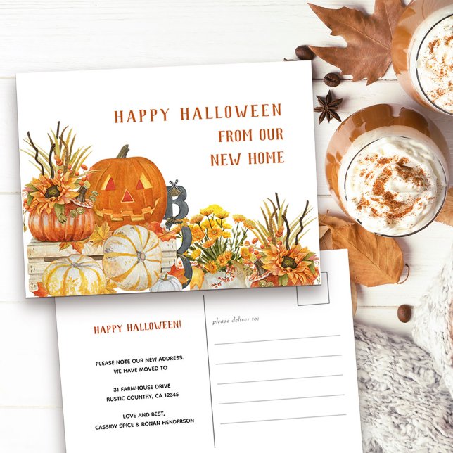 Cartão Postal De Festividades Feliz Halloween de New Home Rustic Pumpkins (New address and Happy Halloween Postcard with rustic fall pumpkins)