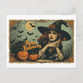 Cartão Postal De Festividades Feliz Halloween de uma Feiticeira em uma