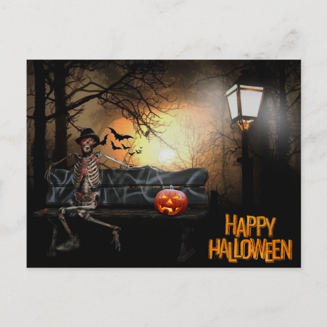 Cartão Postal De Festividades Feliz Halloween Engraçado Esqueleto Spooky no Banc (Frente)