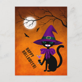 Cartão Postal De Festividades Feliz Halloween Gato Preto Chapéu de Bruxa Roxo Lu