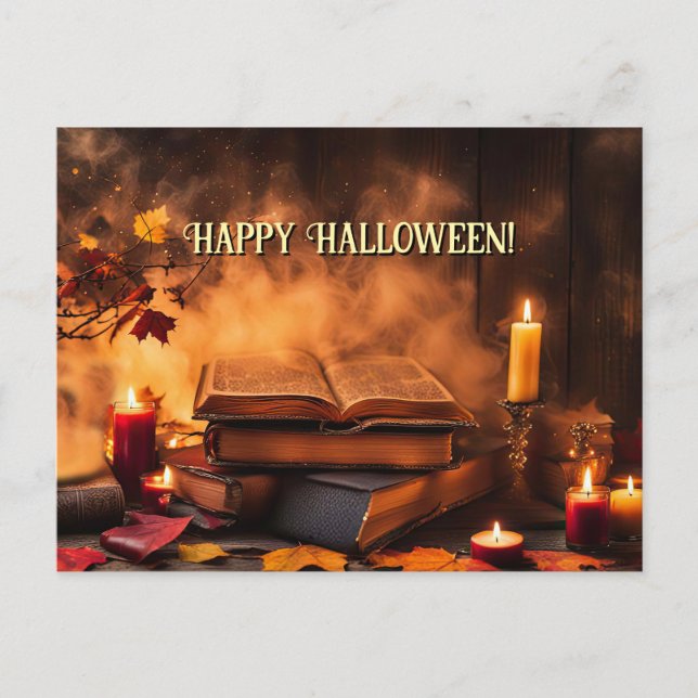 Cartão Postal De Festividades Feliz Halloween - Livros Ortográficos e Velas Míst (Frente)
